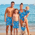Family Customize Face Swimsuits, matching blue swimwear with custom face prints, Personalized Family Summer Travel Outfits
