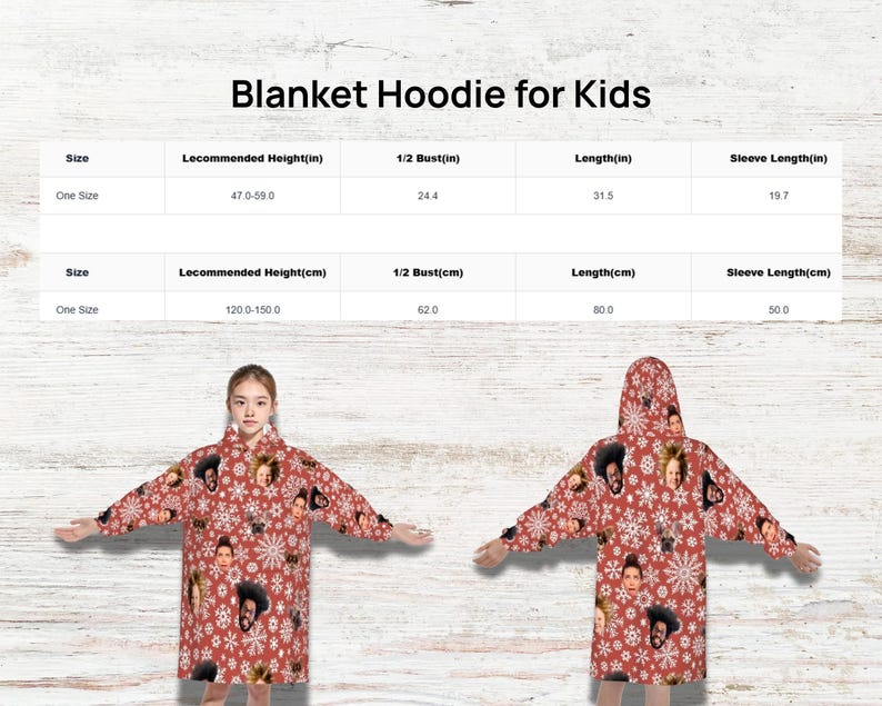 Puede incluir: Una sudadera con capucha manta roja para ni&ntilde;os con un estampado de caras y copos de nieve. La sudadera tiene capucha y mangas largas. El texto "Blanket Hoodie for Kids" est&aacute; en la parte superior. Tabla de tallas en pulgadas y cm.