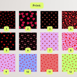 Puede incluir: Una cuadr&iacute;cula de doce muestras de estampados de tela, cada una con un patr&oacute;n diferente. Los estampados presentan corazones, lazos y otros dise&ntilde;os en varios colores, incluyendo rojo, negro, rosa, morado y verde. La palabra "Print:" est&aacute; en la parte superior.