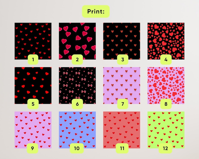 Puede incluir: Una cuadr&iacute;cula de doce muestras de estampados de tela, cada una con un patr&oacute;n diferente. Los estampados presentan corazones, lazos y otros dise&ntilde;os en varios colores, incluyendo rojo, negro, rosa, morado y verde. La palabra "Print:" est&aacute; en la parte superior.