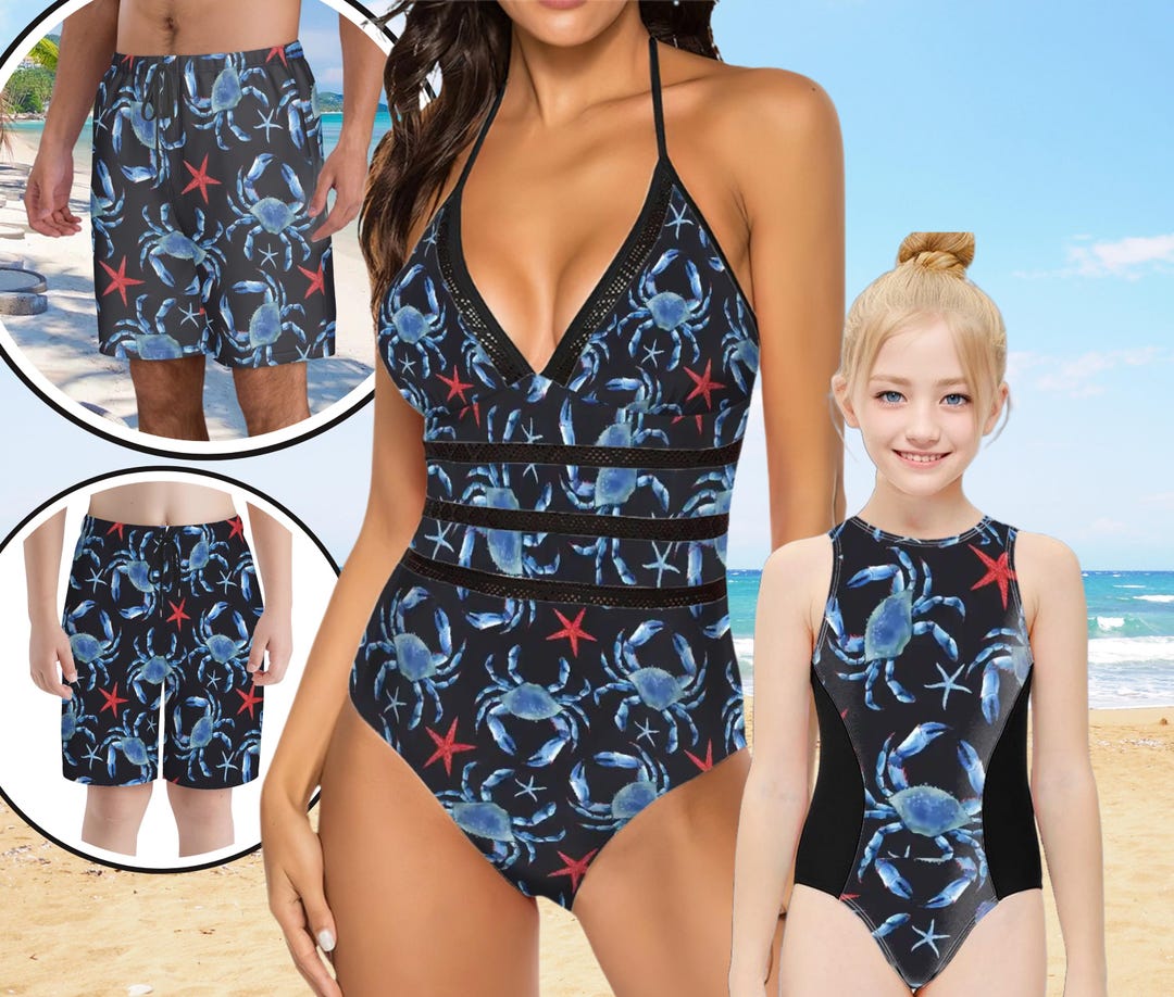 Trajes de banho familiares combinando com estampa de caranguejo