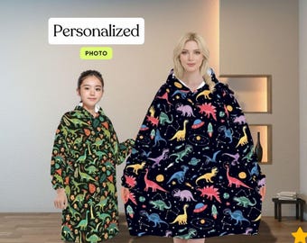 Manta con capucha personalizada con foto a juego para toda la familia | Sudadera extragrande personalizada para adultos y niños | Manta con estampado de dinosaurios para regalo