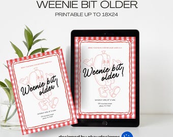 Weenie bit older, weenies & tinis, hotdog celebration invitation