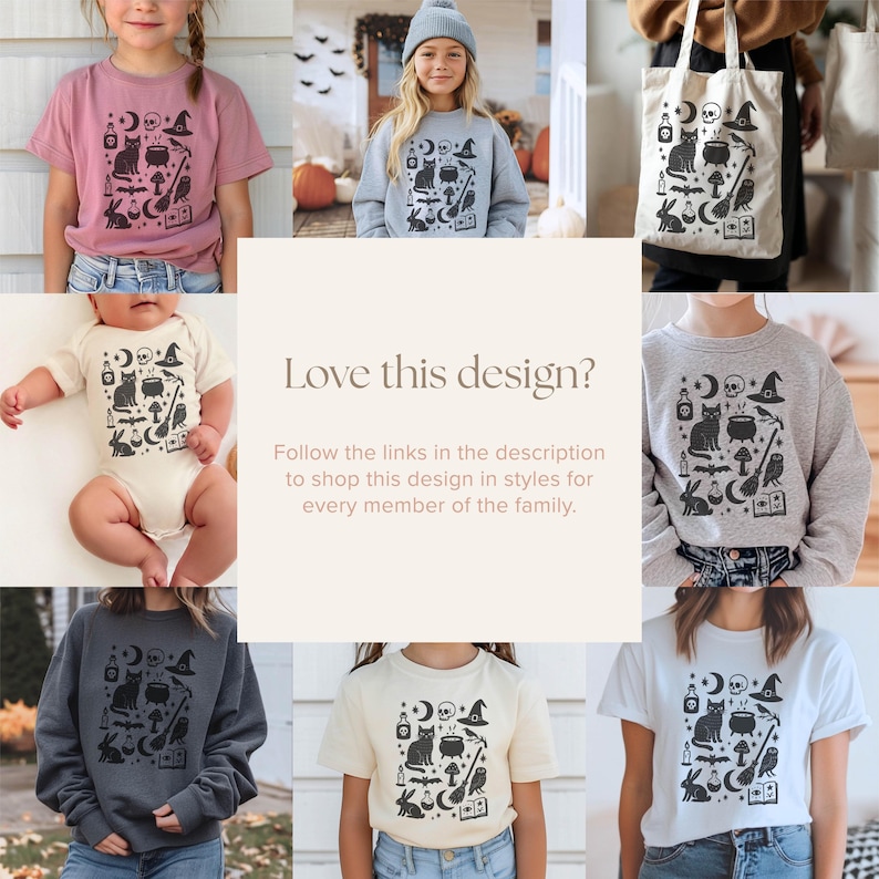 May include: A collage of various apparel items featuring a black Halloween-themed graphic. The design includes a cat, moon, witch's hat, potion bottle, and other spooky elements. Items include t-shirts, sweatshirts, a onesie, and a tote bag.