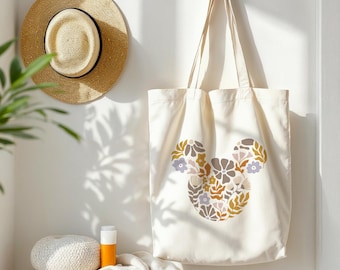 Floral Mickey Canvas Tote Bag • Boho Disney Park Bag • Disneyland Vacation Tote • Aesthetic Neutral Disney Carryall • Flower Mouse Design