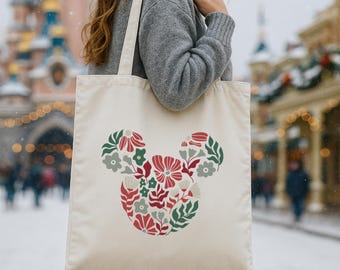 Bolso tote navideño de Mickey con estampado floral bohemio • Bolso de lona navideño de Disneyland • Accesorio y bolso de mano festivo para vacaciones de Disney