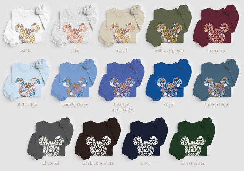 Pu&ograve; includere: Un set di 14 maglie a maniche lunghe con un design floreale di Topolino. Le maglie sono disponibili in una variet&agrave; di colori, tra cui bianco, cenere, sabbia, verde militare, marrone, azzurro, blu carolina, blu heather sport, blu reale, blu indaco, antracite, cioccolato fondente, blu navy e verde bosco.