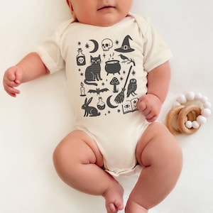 Witchy Halloween Baby Onesie • Gothic Black Cat Infant Bodysuit • Spooky Witch Cottagecore Romper • Occult Skull Moon Newborn Outfit