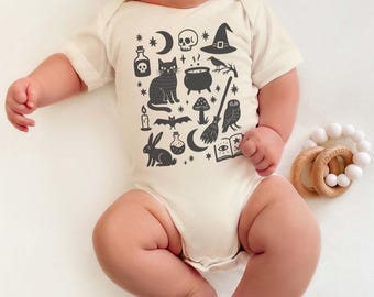 Witchy Halloween Baby Shirt • Gothic Black Cat Infant Bodysuit • Spooky Witch Cottagecore Romper • Occult Skull Moon Newborn Outfit