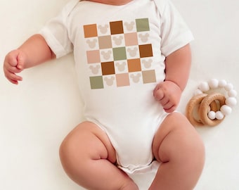 Fall Colors Mickey Baby Onesie • Retro Checkerboard Infant Bodysuit • Autumn Aesthetic Mouse Outfit • Matching Family Magical Vacation Look