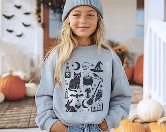 Witchy Halloween Child Sweatshirt • Gothic Black Cat Youth Pullover • Spooky Witch Cottagecore Crewneck • Occult Skull Moon Sweater for Kids