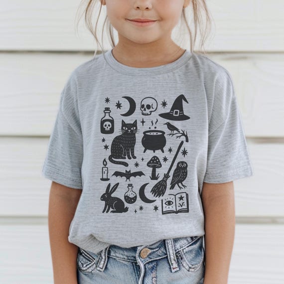 Witchy Halloween Toddler T-Shirt • Gothic Black Cat Kids Tee • Spooky Witch Cottagecore Shirt • Occult Skull Moon Graphic Tee for Children