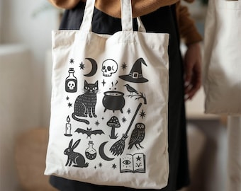 Witchy Halloween Tragetasche • Gothic schwarze Katze Canvas Tasche • Hexe Cottagecore Tote • Okkulter Schädel Mond Besenstiel Wiederverwendbare Einkaufstasche