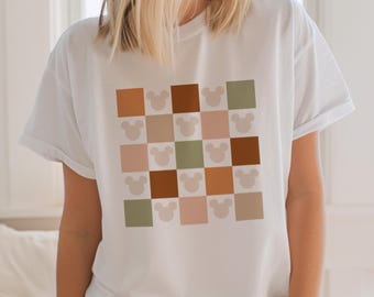 Fall Colors Mickey T-Shirt • Retro Checkerboard Tee • Aesthetic Mouse Shirt for Autumn • Matching Family Magical Vacation Outfit