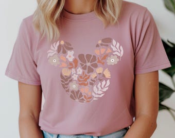 Boho Floral Mickey Shirt • Disney Vacation Outfit • Aesthetic Disneyland T-Shirt • Neutral Earth Tone Tee • Flower Mickey Mouse Design
