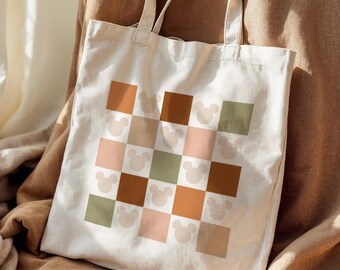 Herbstfarben Mickey Tragetasche • Retro Schachbrett Canvas Tote • Herbstästhetik Maus Tasche • Magisches Familienurlaub Zubehör und Allerlei