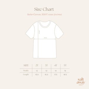 May include: A size chart for Bella+Canvas 3001T t-shirts, showing width and length measurements in inches for sizes 2T, 3T, 4T, and 5T. The chart includes a diagram of a t-shirt with labeled dimensions.