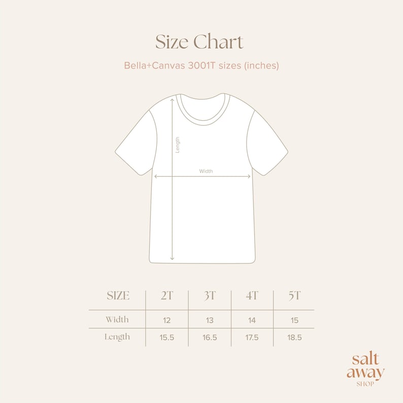 May include: A size chart for Bella+Canvas 3001T t-shirts, showing width and length measurements in inches for sizes 2T, 3T, 4T, and 5T. The chart includes a diagram of a t-shirt with labeled dimensions.