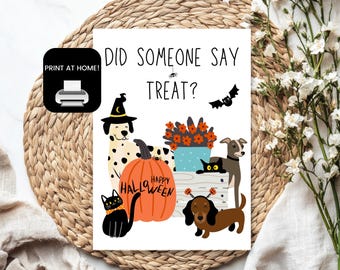 Afdrukbare Halloween-wenskaart met huisdierthema | Leuke Happy Halloween-kaart