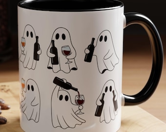 Cute Ghosts and Wine Mug, Halloween Coffee Cup, Spooky Ghost Mug, Funny Wine Lover Gift