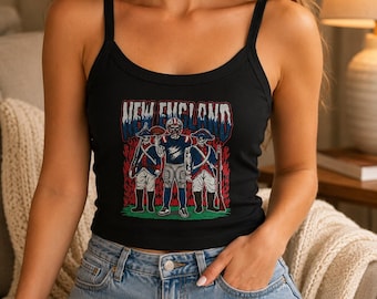 Canotta New England Football con scheletro, canotta corta patriottica vintage, maglietta spettrale per tifosi di football, top da donna per il giorno della partita, abbigliamento sportivo autunnale