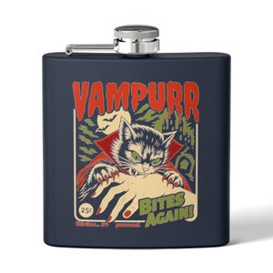 Vampurr Vampire Cat Hip Flask, Halloween Barware, Retro Horror Cat Gift, Gothic Flask for Cat Lovers, Spooky Vampire Party Drinkware
