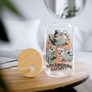 Purranormal Cativity シッパーグラス、16オンス ゴーストキャット缶グラス、ハロウィンアイスコーヒーカップ、不気味な猫好きへのギフト