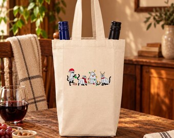 Ghost Cat Christmas Wine Tote | Spooky Christmas Cat Gift Bag | Holiday Wine Carrier | Gothic Cat Lover Gift | Double Wine Tote