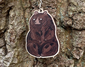 Brown Bear - Wooden Key Ring - Fun Accessory, Hank the Tank Inspired, Animal Keychain, Eco Friendly, Cute Animal Illustration, Brown Bear