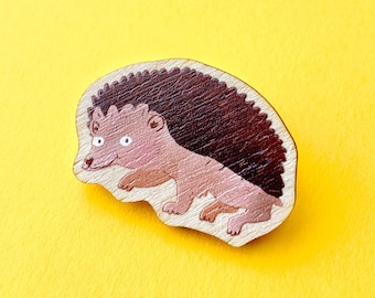 Hedgehog Wooden Pin - Cute Animal Brooch, Sustainably Made Wooden Pin, Woodland Animal Illustration, Lapel Pin