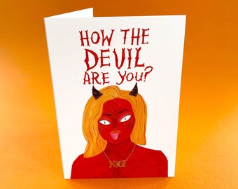 How the Devil Are You? - Greetings Card By Fernandes Makes - Naught and Nice, Cheeky Devil Illustration, Get Well Soon, Red, Checking In