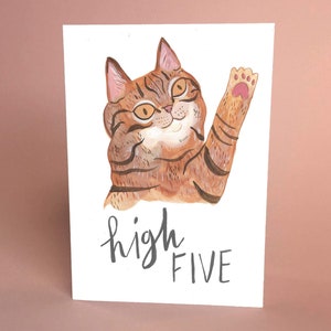 High Five Tabby Cat Greetings Card - Cute Cat Illustration, Congratulations Card, Well Done, Animal Card, Blank Inside, Small A6 Card