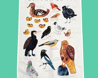 British Birds Tea Towel - Luxury 1/2 Panama 100% Cotton, Digitally Printed Tea Towel, Cute Bird Illustration, Nature Homeware, Wall Hanging