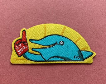 Endorphin Dolphin - Go You! - Woven Iron on Patch - Motivating Fun Illustration, Marine Animal, Dolphin Illustration, Clothes Accessory