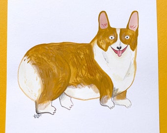 Laughing, Happy Corgi - Original Art Painting - Acrylic, Gouache and Coloured Pencil - Cute, Fun Dog Illustration