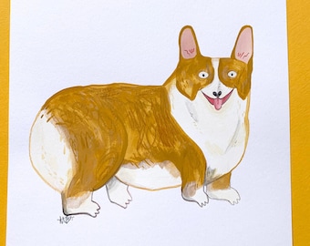 Happy Corgi - Original Art Painting - Acrylic, Gouache and Coloured Pencil - Cute Dog Illustration