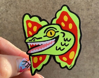 Dilophosaurus Dinosaur - Woven Iron on Patch - Fun Illustration