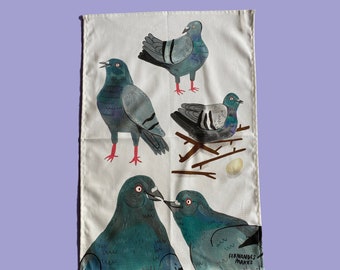 Pigeon Pals Tea Towel - Luxury 1/2 Panama 100% Cotton, Digitally Printed Tea Towel, Cute Bird Illustration, Nature Homeware, Wall Hanging