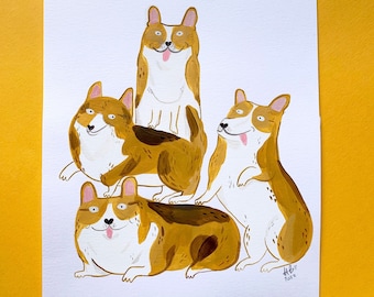 Corgi Family - Original Art Painting - Acrylic and Gouache - Cute Group of Dogs