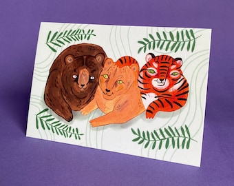 BLT Bear, Lion and Tiger best friends - A6 Greeting card - Big Cat's and Bear wildlife animal illustration