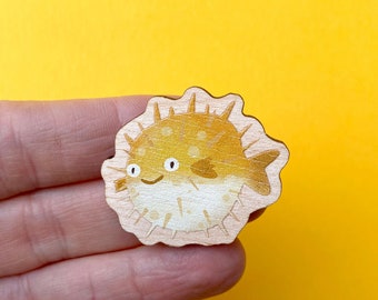 Puffer Fish Wooden Pin - Cute Animal Brooch, Sustainably Made Wooden Pin, Sea life, Ocean Animal Illustration, Lapel Pin