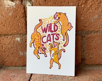 Wild Cats Illustrated Postcard - Fun Big Cat Illustration, Tiger, Leopard, Small Art Print