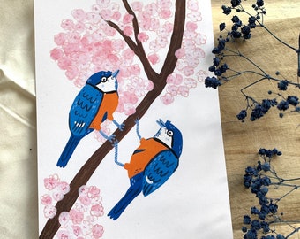 Pair of Tits on Cherry Blossom - Blue Tit Nature print - Animal Illustration, Bird Painting Wall Art, Nature-Themed Home Decor