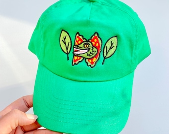 Dinosaur Cap - Happy Dilophosaurus - Embroidered Cotton Hat, Inspired by Jurassic Park, Kelly Green Coloured, Dad Cap