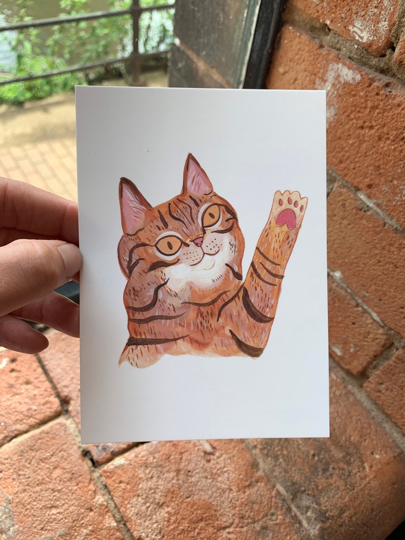 High five cat illustration A6 postcard, Mini print image 2