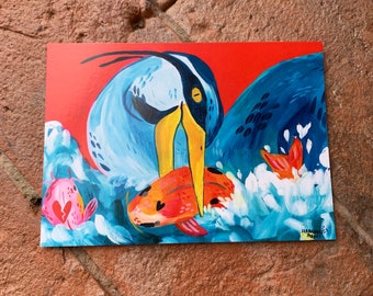 Fishing Heron, wild bird illustration - A6 postcard, Mini art print