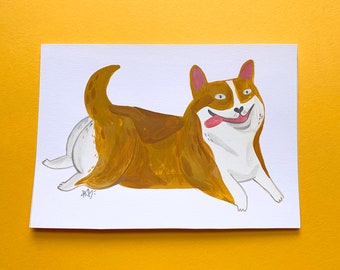 Prancing Corgi - Original Art Painting - Acrylic, Gouache and Coloured Pencil - Cute, Fun Dog Illustration