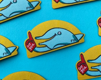 SECONDS Endorphin Dolphin - Go You! - Woven Iron on Patch - Motivating Fun Illustration, Marine Animal, Dolphin Illustration