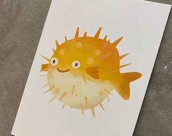 Puffer Fish, Sea Life illustratie - A6 ansichtkaart, Mini art print