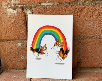 Dancing Corgi dogs under a Rainbow postcard A6 / mini print